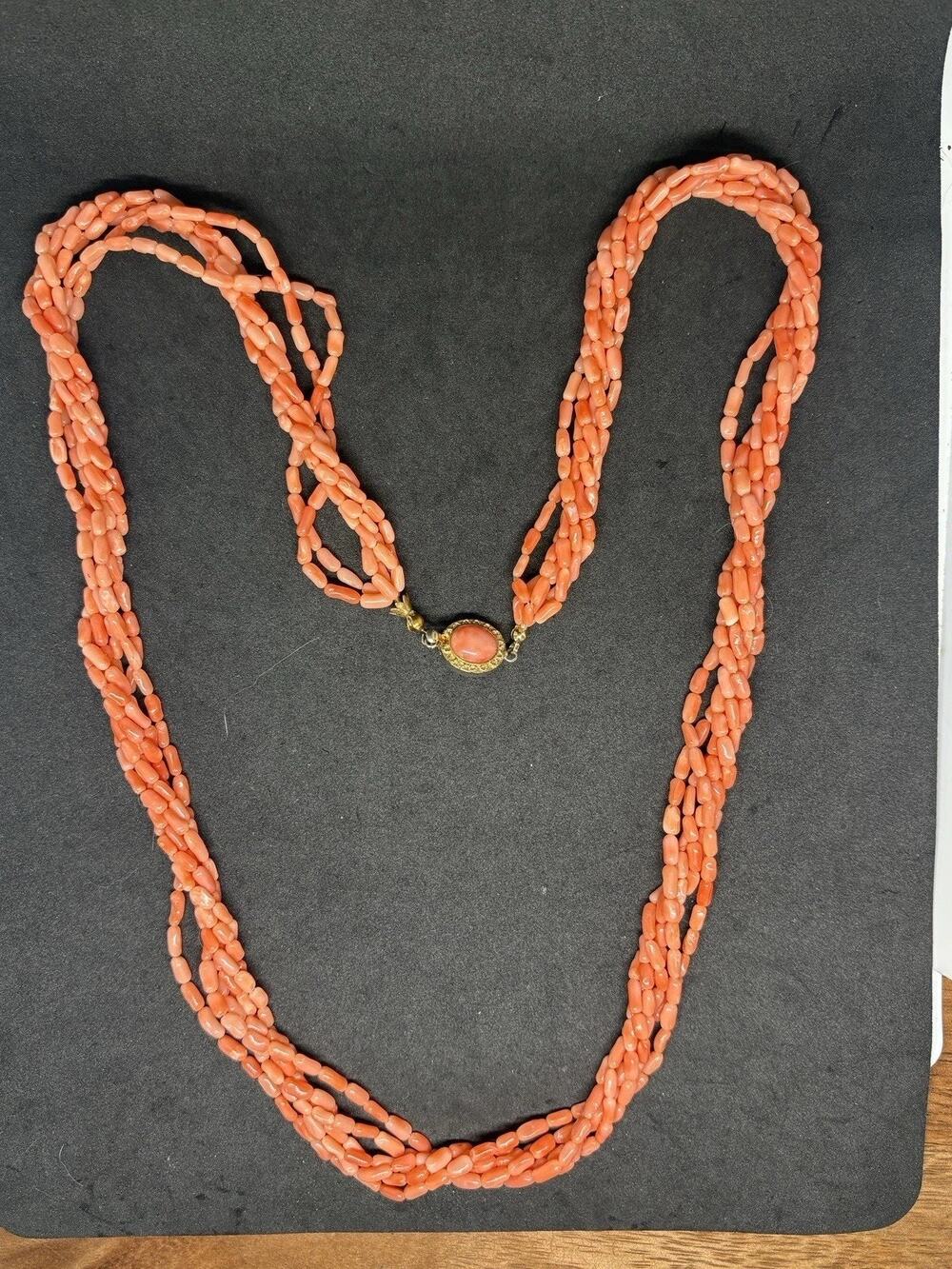 Vintage Genuine Salmon Coral Multi-Strand Necklace Gold Tone Coral Clasp 28”